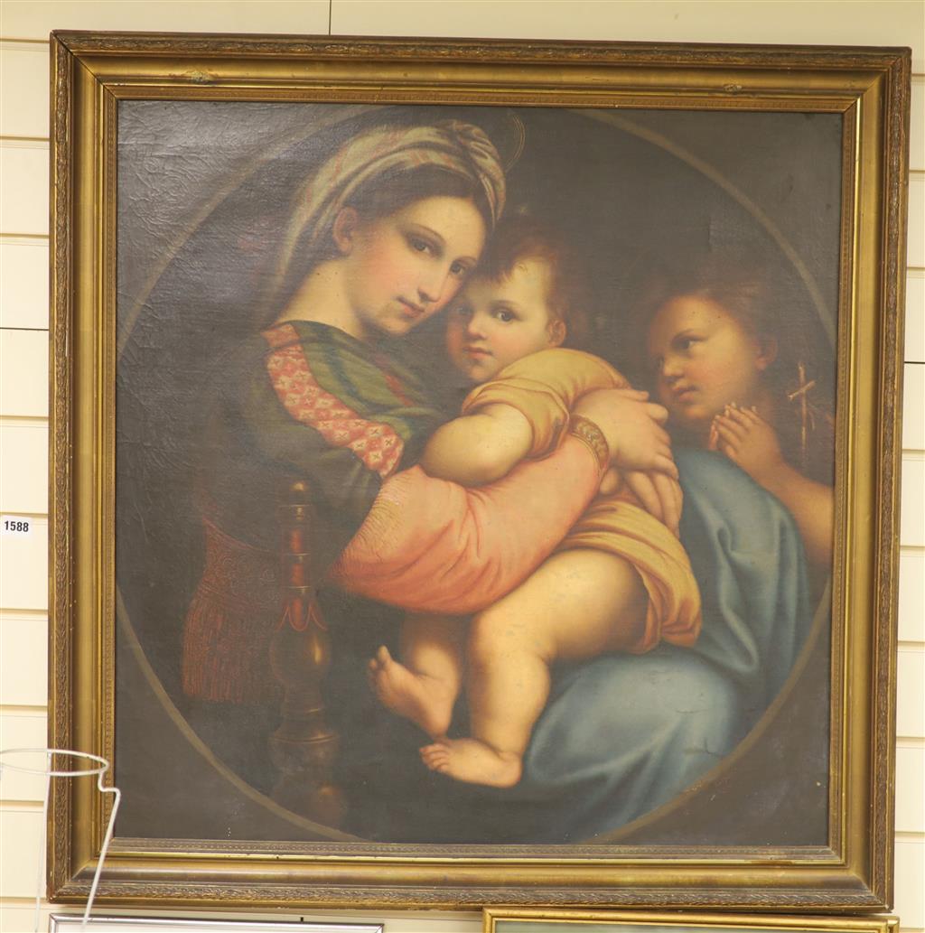 After Raphael, oil on canvas, Madonna della Seeggiola, 76 x 74cm